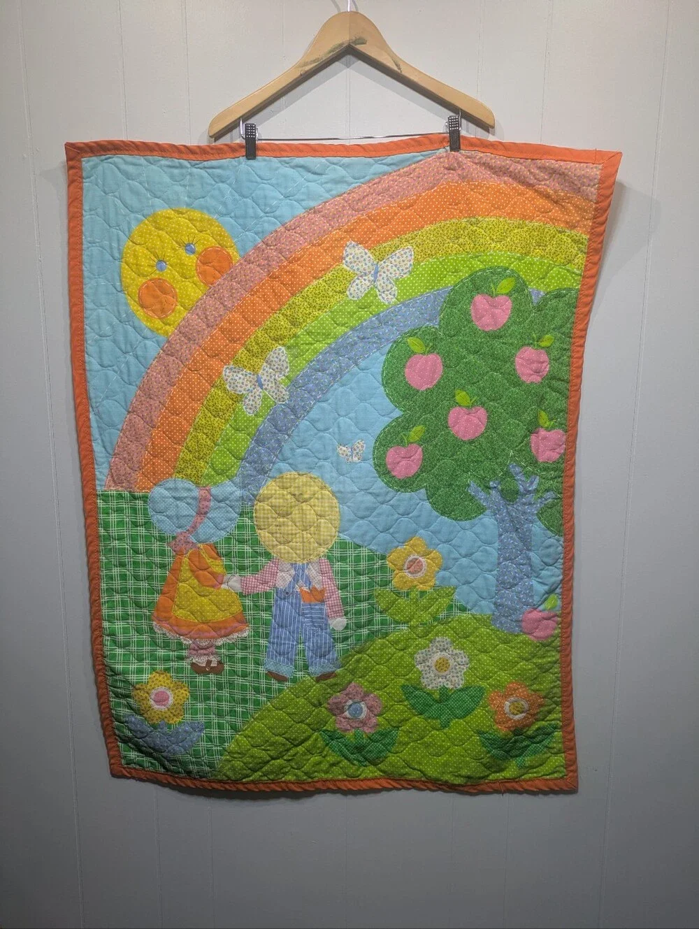 Vintage Handmade Childs Quilt Sunbonnet Sue Rainbow Apple Neon Reversible Bonnet